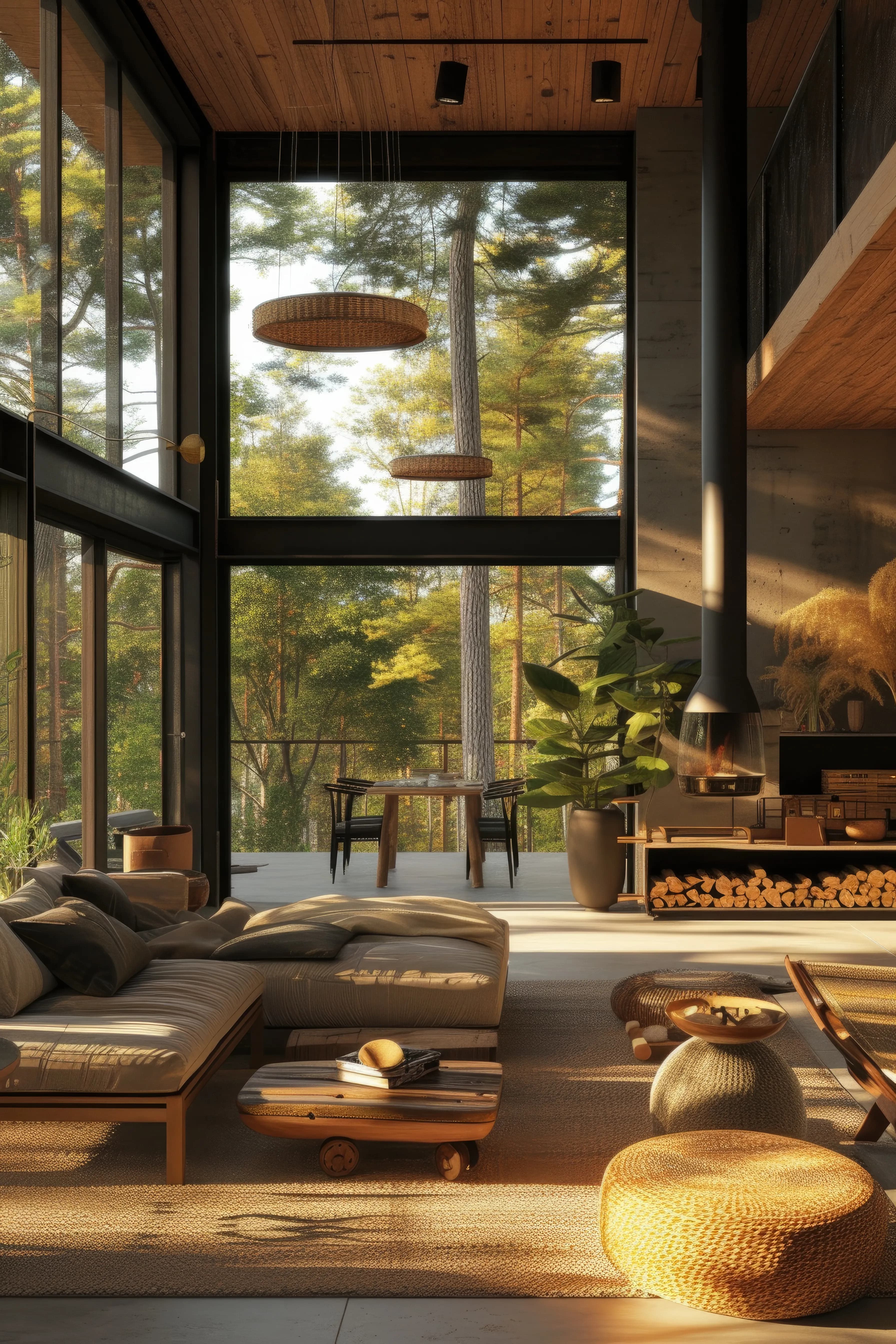 Forest-view living room bathed in golden sunset light