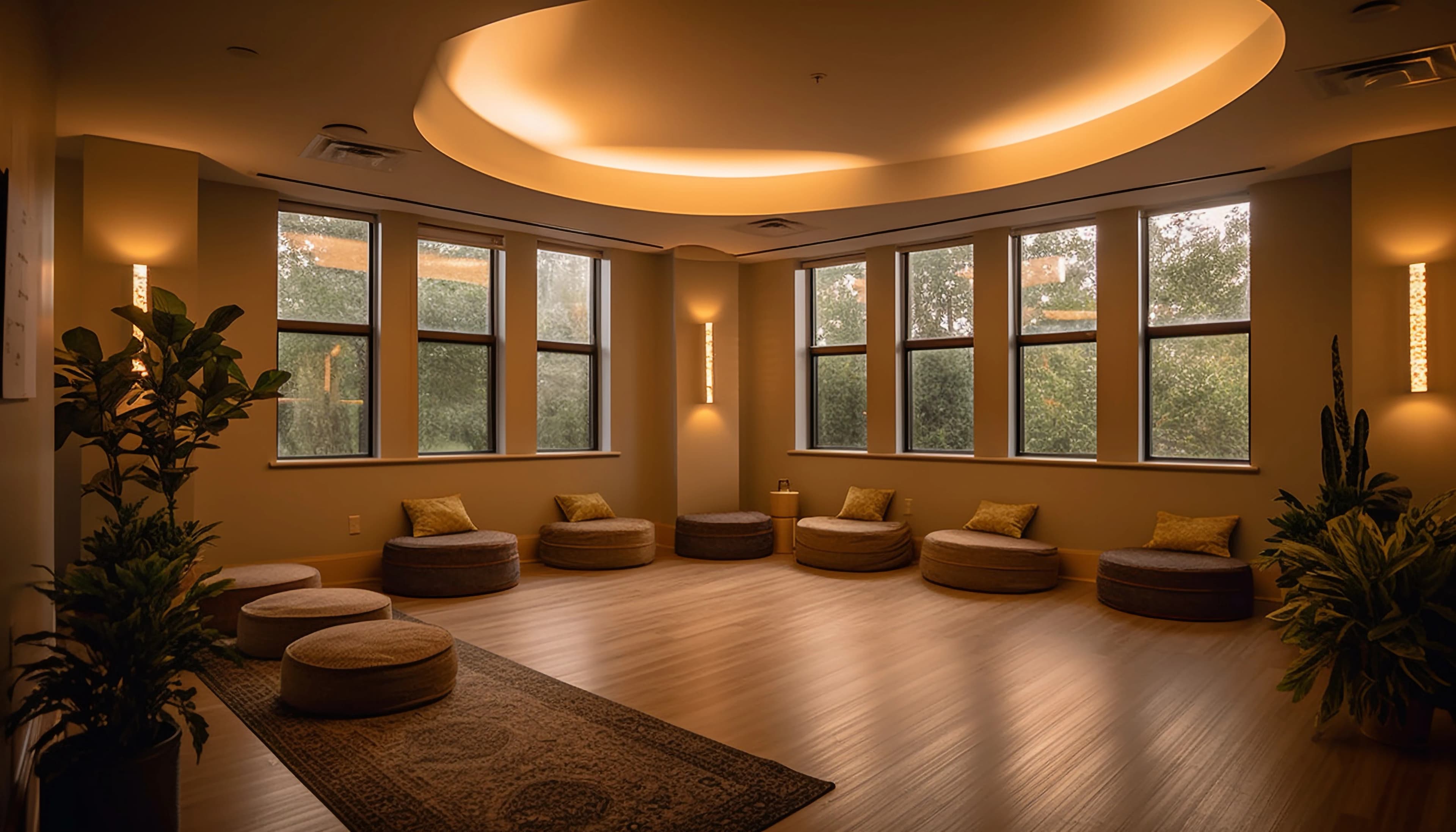 Sunlit lounge with floor-to-ceiling forest-view windows